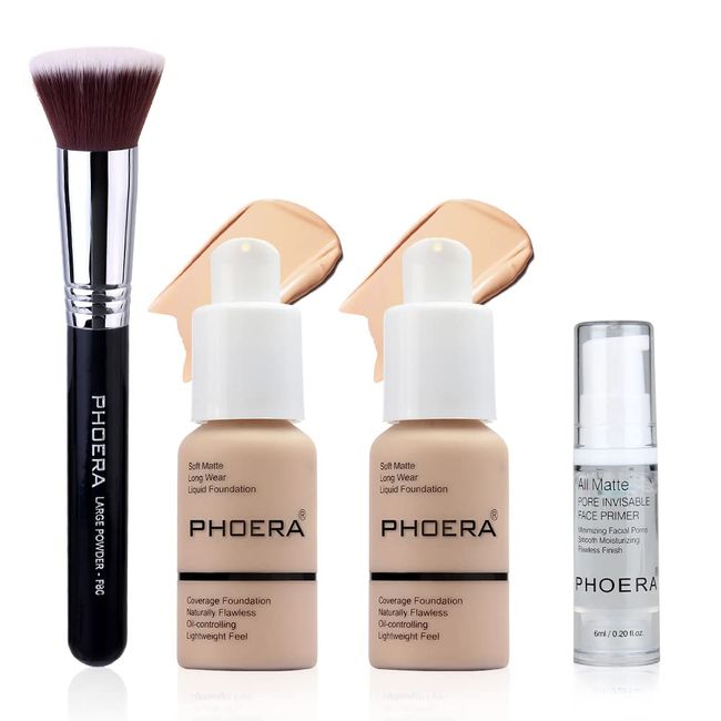 ABRUS - Phoera Foundation Full Coverage Make-up-Set – enthält 2 Stück 30 ml Matte Foundation, 6 ml Phoera Primer & Flat Kabuki Liquid Foundation Pinsel (102 Nude)