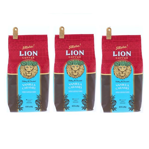 Lion Coffee Vanilla Caramel 7 oz (198 g) x 3 Piece Set Flavored Coffee, Powder, Medium Grind, Cold Brew OK [New Packaging (Taste and Flavor Intact)]