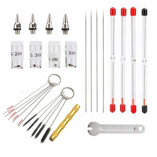 Uouteo 0.2mm, 0.3mm, 0.4mm,0.5mm Airbrush Nozzles and Needles Replacement Parts with 11 in 1 Airbrush Cleaning Repair Tool for Airbrush Gun