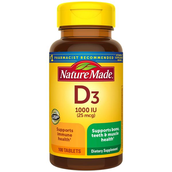 Nature Made Vitamin D3, 100 Tablets, Vitamin D 1000 IU (25 mcg) Helps Support Immune Health, Strong Bones and Teeth, & Muscle Function, 125% of Daily Value for Vitamin D in One Tablet (Pack of 3)