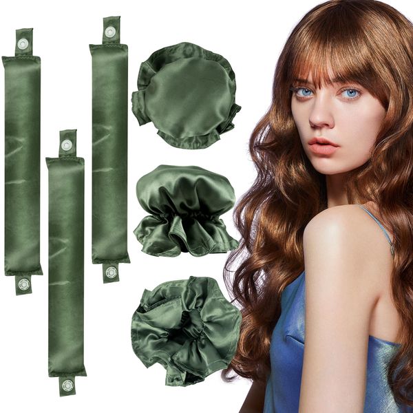 6 Pcs Set Heatless Hair Curler，Satin Heatless Curling Set, Heatless Curls Headband, Overnight Curling Headband, Heatless Curling Set, Creates Beautiful Curls Without Damaging The Hair (Olive Green)