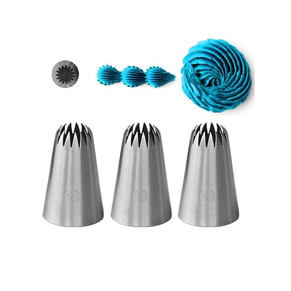 6B Piping Nozzle Large,Star Icing Tip 6B for Eclairs,Churros,Meringue,Cake Cupcake Cookie Decorating,3 Pcs
