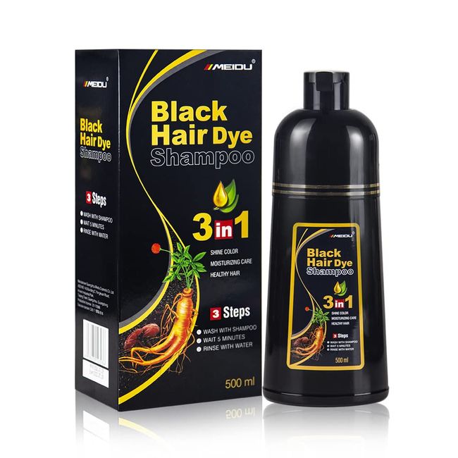 Bablabear MEIDU Black Hair Dye Shampoo, Semi-Permanent Gray Coverage for Women and Men, 3 in 1 with Natural Ingredients, Lasts 30 Days/500ml