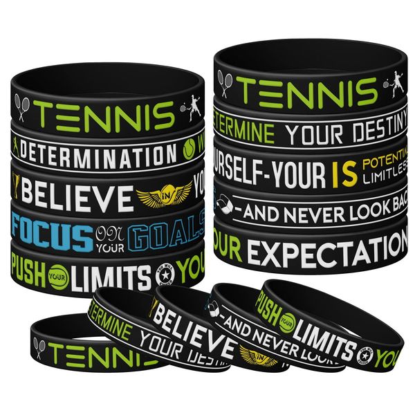 Tennis Silicone Wristbands Birthday Party Black Inspirational Silicone Wristbands, Tennis with Motivational Sports Quotes, Unisex Tennis Party Gifts Jewelry Accessories for Boys | Girls (12 Pieces)