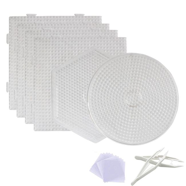 Fuse Bead Boards, 6Pcs 5mm Large Clear Plastic Beads Pegboards with 2Pcs Beads Tweezers and 6Pcs Ironing Paper for Kids DIY Craft Beads