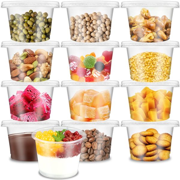 Qyyiguf 50 Pack 8 OZ Disposable Plastic Cups with Flat Lids,Disposable Ice Cream Cups,Take Away Food Container for Drink,Yogurt,Parfaits,Soups,Snacks,Dessert,Salad,Fast Food,Fruit(With Holes)