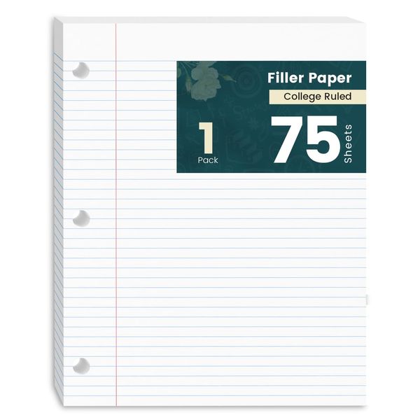 Loose Leaf Paper, 75 Sheets Notebook Lined Paper, 8 x 10.5 College Ruled Filler Paper, 3-Hole Punched Binder Paper for 3-Ring Binders, Double-Side Printed Note Pads for Home, Office, School, 1 Pack