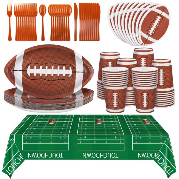 ADXCO 145 Pieces Football Themed Party Supplies Football Paper Plates Cups Napkins Spoons Forks Knives Tablecloth Football Party Tableware for Game Day Party Decorations, Serves 24 Guests