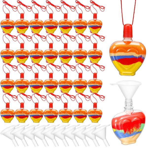 Yinkin 30 Pcs Heart Sand Art Bottle Necklaces for Valentine Sand Art Set for Kids Valentine Party Favors DIY Art Activity Group Included 10 Pcs Mini Clear Plastic Funnels, Sand Not Included