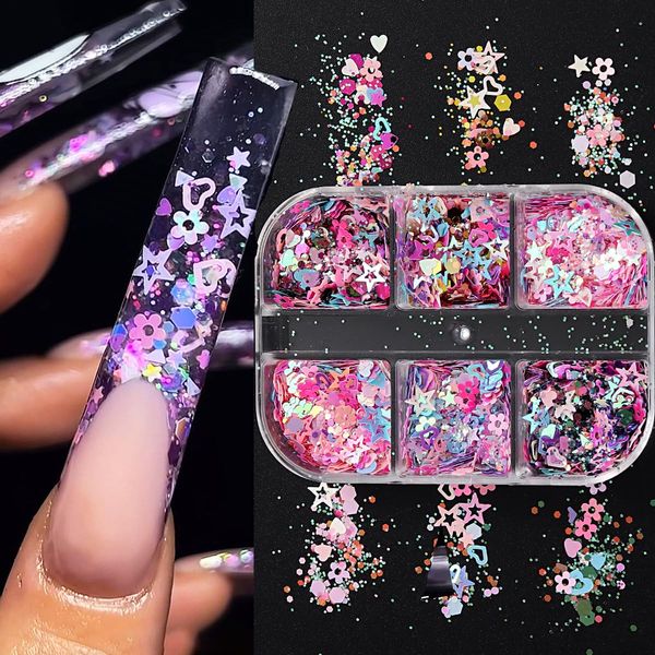 Holographic Nail Art Glitter Kits, 6 Grids 3D Shining Nail Sequins for Nail Art, Hollow Star Heart Flower Flakes Acrylic Powder Dust Sequins Decoration Holographic Manicure Acrylic Nail Supplies