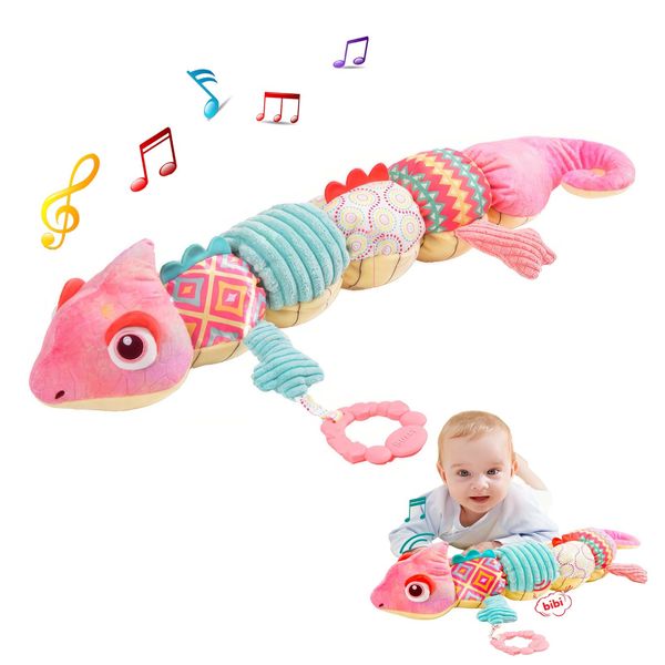 ZUCOOP Baby Musical Stuffed Animal Toy with Soft Sensory Rattles and Crinkle Newborn Plush Tummy Time Toys 6+ Months Old Baby Girl Gift, Pink Chameleon