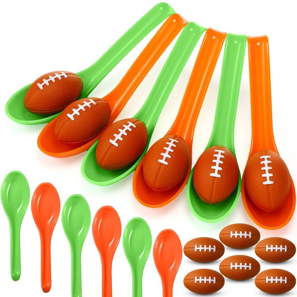 PullCrease 12 Pack Football Theme Party Game Spoon Relay Race Toy Set for Adults Boys Girls Mini Football Foam Ball and Spoon Race Game for Sports Party Indoor Outdoor School Class Birthday Party