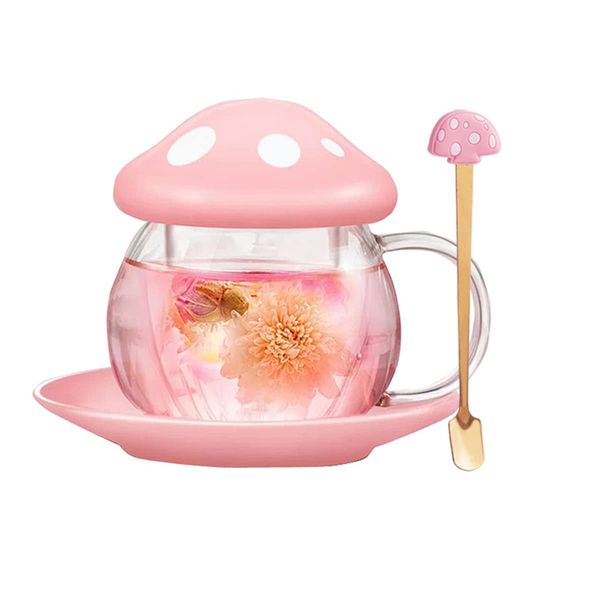 Rain House Cute Cups Mushroom Tea Cup with Tea Infuser and Spoon, Kawaii Mushroom Mugs, Glass Teacups with Ceramic Lid and Coaster, Mother's Day Gift Perfect for Girls Women for Home Office Use (Pink)