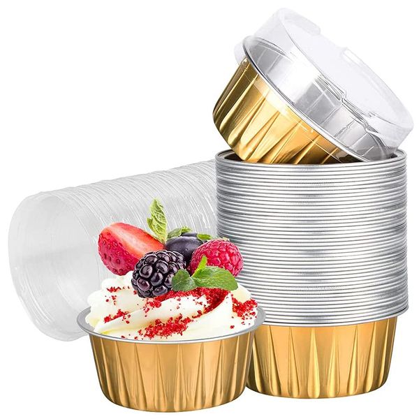 Aluminum Foil Baking Cups with Lids, 50 pcs Gold Dessert Baking Cups Holders, Cupcake Bake Utility Ramekin Clear Pudding Cups for Wedding Christmas Kitchen Birthday Party