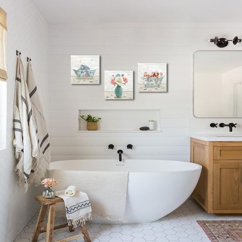Saypeacher Bathroom Decor Bathtub Flowers Wall Art Sea Turtle Wall Decor Octopus Pictures Shell Coral Canvas Painting Artwork