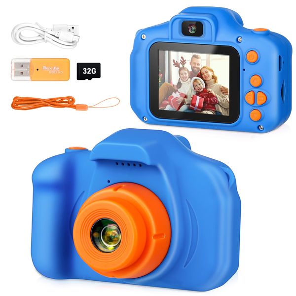 Kids Selfie Camera, Portable Digital Cameras Toys for Kids Christmas Birthday Gifts for Boys/Girls Age 3 4 5 6 7 8 9 with 32GB SD Card (Dark Blue)