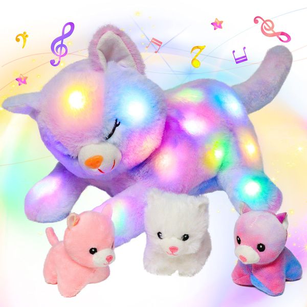 Hopearl LED Musical Stuffed Cat Lighting Up Singing Plush Toy Playset Mommy Cat with 3 Baby Kittens in her Tummy Lullaby Animated Soothe for Mom Kids Toddler Girls, Rainbow, 18''