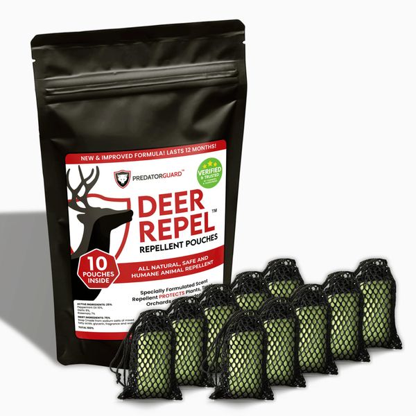 Predator Guard Repellent Plants Pouches - Stop Deer and Rabbits Eating Plants Trees Gardens and Vegetables - 10 Pack Lasts 12 Months - All Natural Ingredients (Deer Repel)