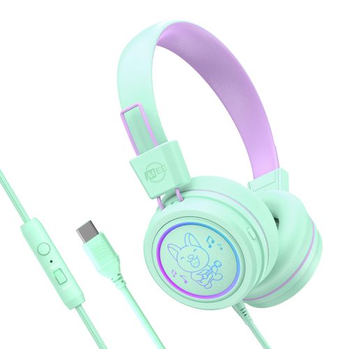 MEE audio KidJamz KJ55 Safe Listening USB-C Headphones for Children with Multicolor LED Lights, Volume Limiter, & Microphone; On-Ear Wired Kids Headset for iPhone 16, iPad, & USB Type C Devices (Mint)