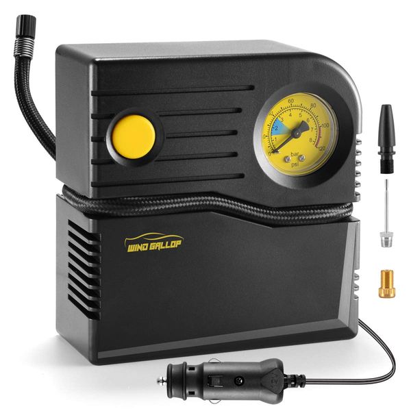 WindGallop Car Tyre Inflator Air Compressor Car Tyre Pump 12v Electric Tyre Pumps for Cars Air Pump with Tyre Pressure Gauge and Inflator Small Car Pumps for Tyres Valve Adaptors (Yellow)