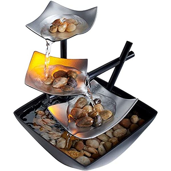HoMedics Indoor 3-Tier Relaxation Tabletop Fountain, Automatic Pump with Power Switch, Extra Deep Basin with Natural River Rocks and Reflective Lighting Feature, EnviraScape Silver Springs