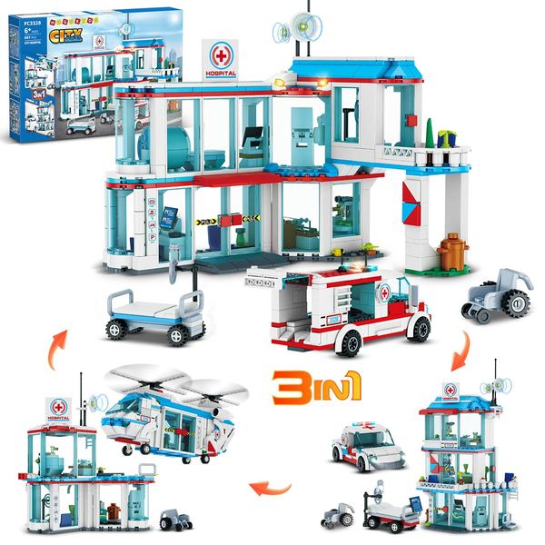 HOGOKIDS City 3 in 1 Hospital Building Set - 638 PCS STEM Rescue Helicopter Emergency Toy Ambulance Truck with Hospital Bed Wheelchair Playset Birthday Gift for Boys Girls Kids 6 7 8 9 10+ Years Old