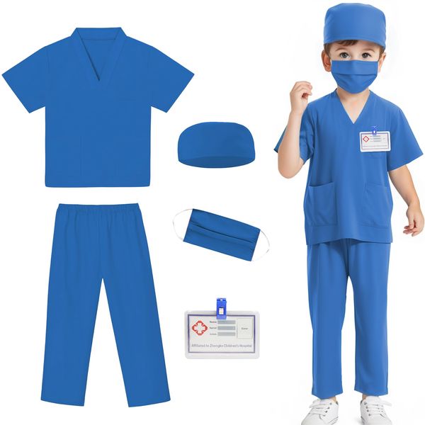 Mizzuco Doctor Costume for Kids,Toddler Nurse Scrubs Halloween Dress Up Cosplay For Boys Girls 3-12 Years (Blue, L-130CM/5-6yrs)