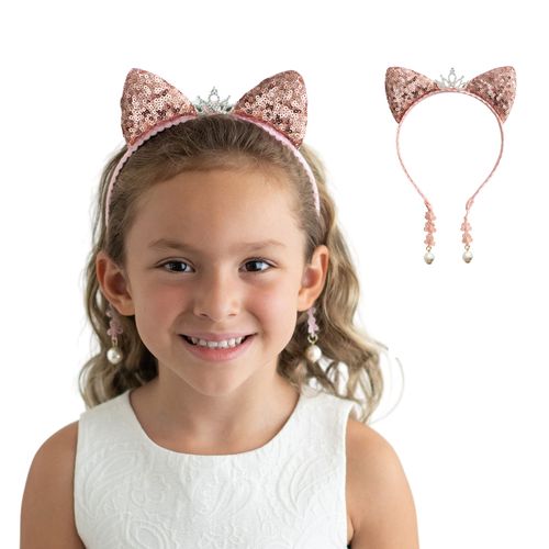 Summer Crystal Girl Sequins Cat Ears Headband with Earring Pendants For Birthdays, Halloween and Parties (Champagne)
