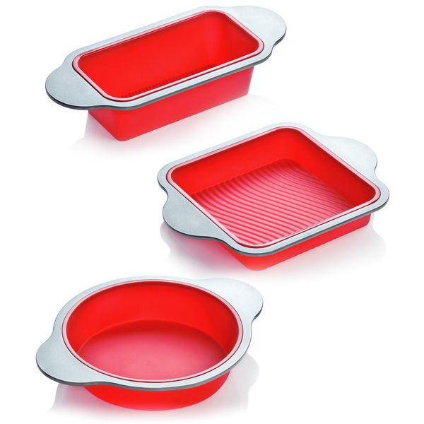 Boxiki Kitchen Silicone Baking Pans Set. 3 PCS Professional Silicone Non-Stick Baking Cake Pans Set includes Silicone Round Cake Pan, Square Cake Pan and Bread Loaf Pan.