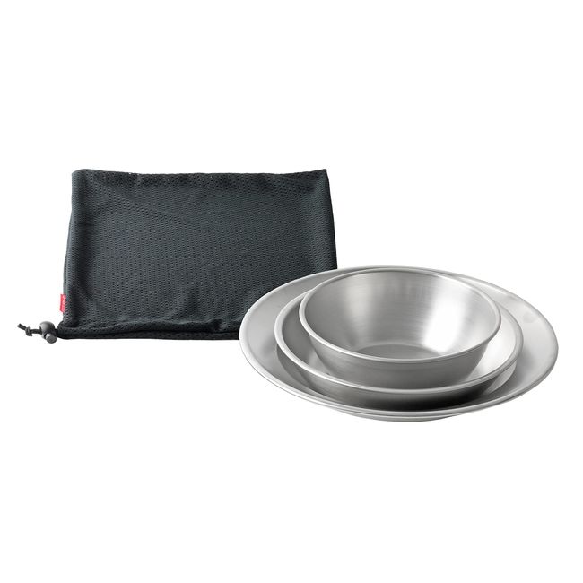 Captain Stag UY-7036 Tableware Set, Bowl, Plate, Curry Plate, Storage Bag Included, 18-8 Stainless Steel, Made in Japan, Made in Japan