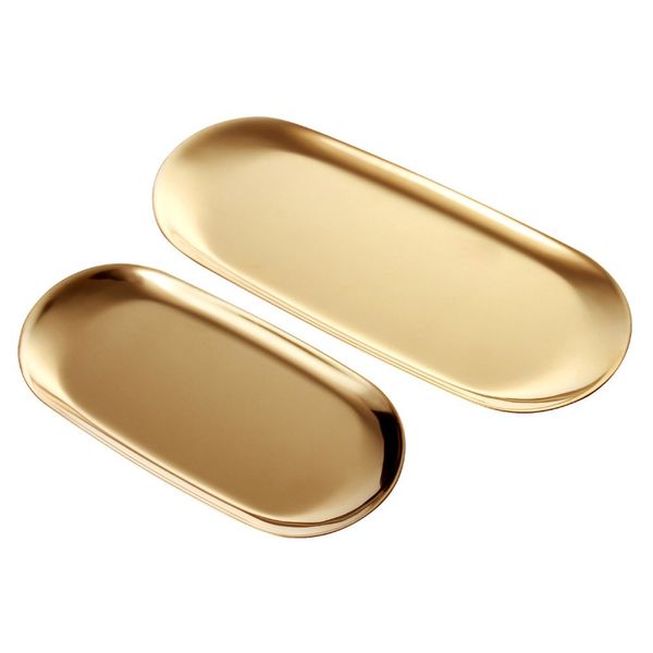 2 Sets Gold Trinket Serving Tray, ANZOME Oval Stainless Steel Tray Towel Storage Dish Plate, Tea Fruit Trays Cosmetics Jewelry Plate used in Bedroom, Kitchen, Living Room, Bathroom and Outdoors