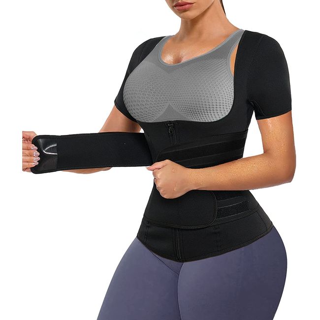 KUMAYES Neopren Sauna Weste mit Bauchweggürtel Damen Shirt Thermo Saunaanzüge Tanktop Unterbrust Fitness Body Shaper (Schwarz, S)