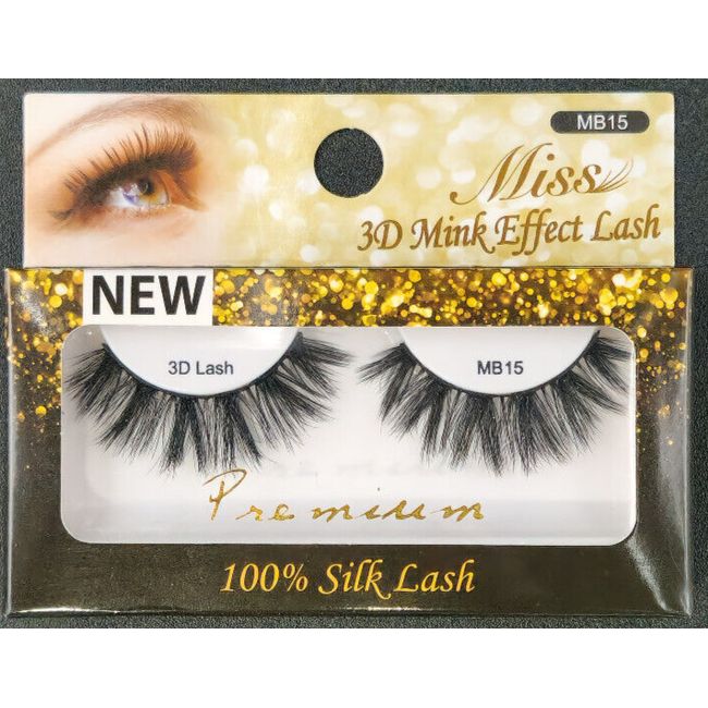 New Miss 3D Mink Effect Strip Eyelashes 100% Silk MB15 Black