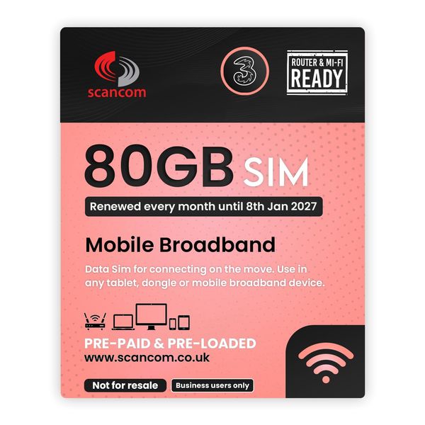 Three 80GB Data SIM - 5G Business-Grade Data Renewed Monthly until 8th January 2027 - Perfect for Wifi Routers, Tablets & Phones (80GB Until 8th January 2027)