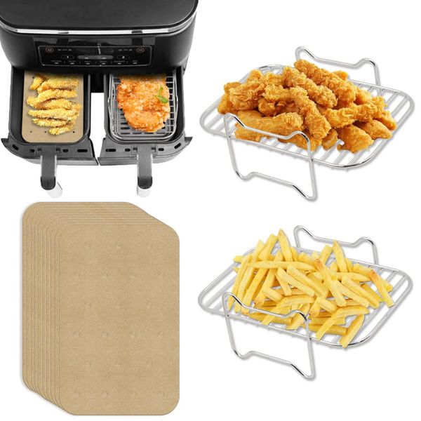 2Stücke 304 Edelstahl Heißluftfritteuse Grillrost mit 100 Stücke Backpapier kompatibel mit Ninja Foodi AF300EU AF400EU, Dehydrate Rack Set Dual Zone Air Fryer, Blätter