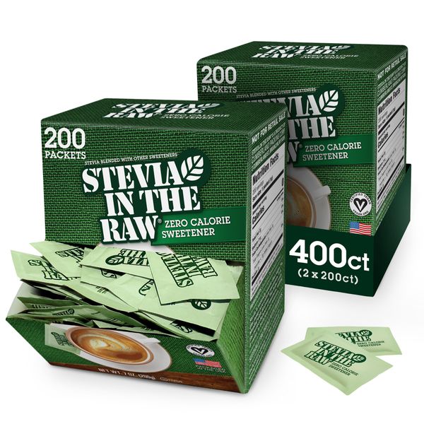 Stevia In The Raw, Plant Based Zero Calorie Sweetener, No Erythritol, Sugar Substitute for Coffee, Hot & Cold Drinks, Suitable For Diabetics, Vegan, Gluten-Free, 200 Count Packets (Pack of 2)