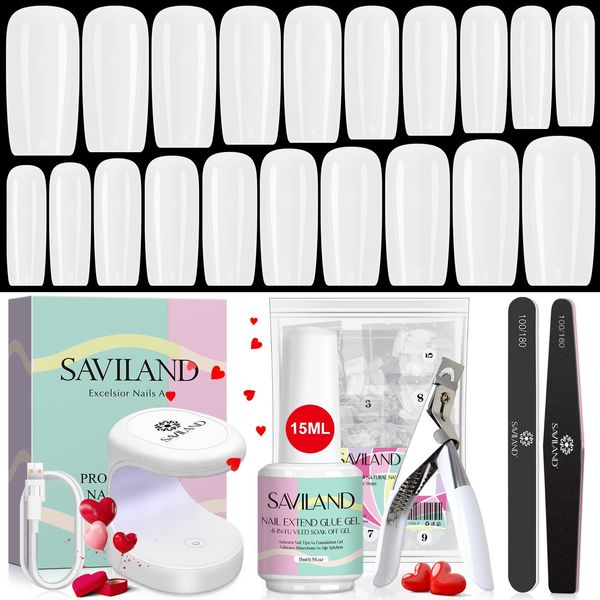 Saviland Nail Tip Kit 500pcs Nail Tips Glue Gel Kit Solid Nail Glue with Nail Dryer for Beginners 10