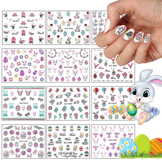 EBANKU Easter Nail Sticker Decals, 12 Sheets 3D Easter Eggs Rabbits Chick Self-Adhesive Stickers for Women Girls Kids Holiday DIY Nail Art Decorations Supplies