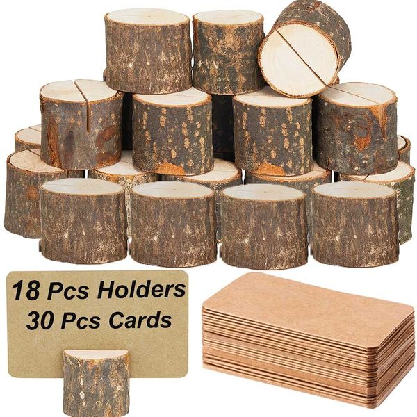 Toncoo 18Pcs Premium Wood Place Card Holders and 30Pcs Kraft Table Place Cards, Rustic Table Number Holders, Wood Photo Holders, Ideal for Wedding Party Table Name and More