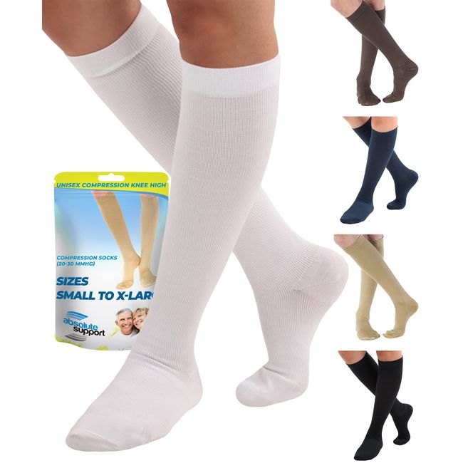 ABSOLUTE SUPPORT - Made in USA - Opaque Cotton Compression Socks for Women and Men Circulation 20-30mmHg - Compression Knee High Stockings for Women and Men 20-30mmHg with Circulation White, Large