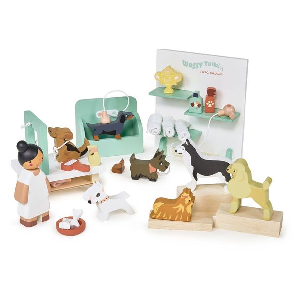 Tender Leaf Toys - Waggy Tails Dog Salon - Wooden Interactive Pet Care Grooming Play Set for Kids - Fun Role-Play Set - Learn Responsibility - Improve Fine Motor Skills - Gift for Dog Lovers - Age 3+