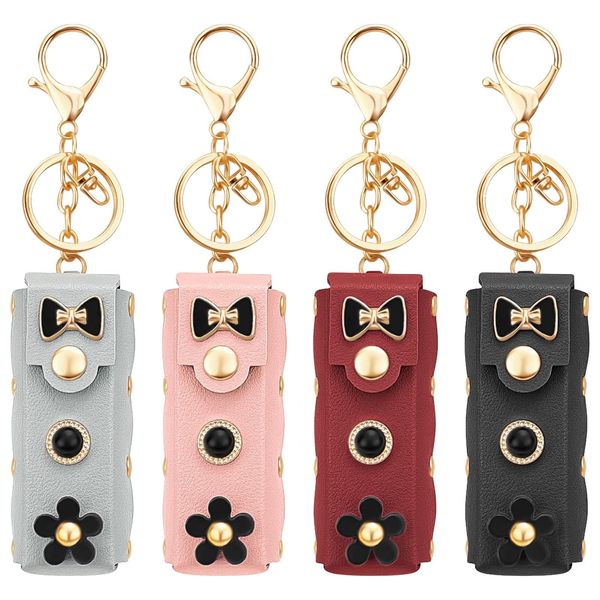 4 Pcs Lipstick Holder Keychain Black Flower Bow Pearl PU Leather Chapstick Case Keychain Lip Balm Organizer Holder Lip Gloss Keychain Holder Portable Sleeve Lipstick Travel Storage Case for Women