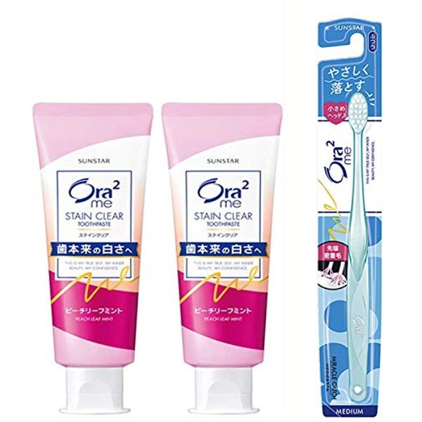 Ora2 Me Stain Clear Toothpaste, Peach Leaf Mint, Whitening, Toothpaste, Teeth Yellowing, Stained Stain, Bad Breath Care, 4.6 oz (130 g) x 2 + Toothbrush Included