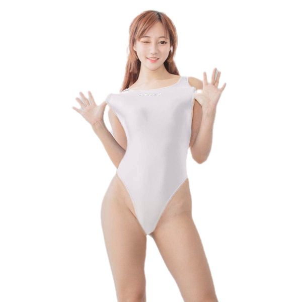 AESCO School Swimsuit, T-Bag, Excellent Elasticity, Smooth to Put On and Take Off, Pleasant Texture, Cute, Super Sexy & Glossy, High Leg, Leotard, Competition Swimsuit, Smooth, Cosplay, Gymnastics Clothes, wht, M