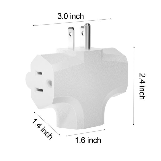 oviitech Three Plug Outlet Adapter, T-Shaped Adapter,Electric Outlet Extender, Sideways Plug Adapter, Heavy Duty Ground Power Tap, UL Listed, White (4PACK)