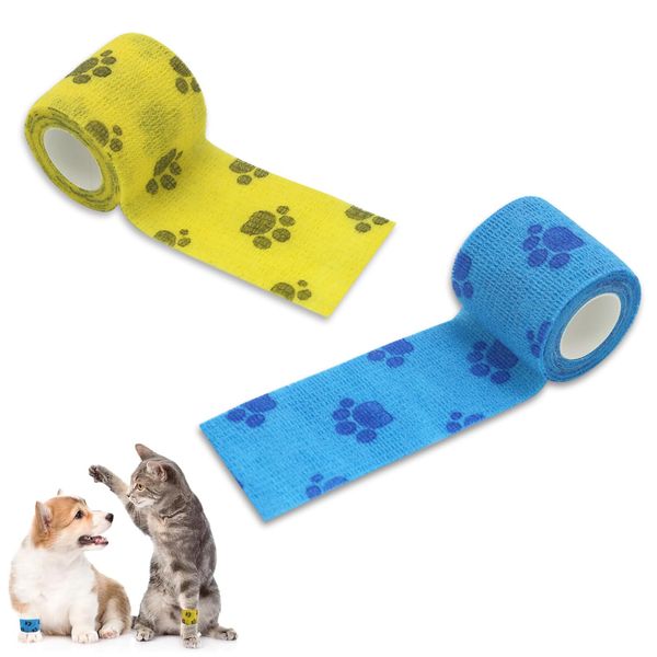 2 Rolls Pet Cohesive Bandages 2.5cm x 4.5m, Dog Bandage,Self Adherent Bandages,Vet Wrap Bandage,Elastic Bandage for Wrists, Ankle,Sprains, Sports(Blue, Yellow)