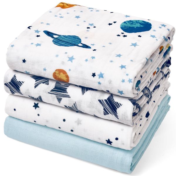 david's kids 4 Pack Baby Muslin Swaddle Blankets, 100% Cotton Swaddling Blankets Wrap for Boys Girls, Ultra Soft Breathable Receiving Blanket, New Born Essentials, Space&Stars