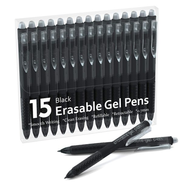 Erasable Gel Pens, 15 Pack Black Retractable Erasable Pens Clicker, Fine Point, Make Mistakes Disappear, Black Inks for Writing Planner and Crossword Puzzles…