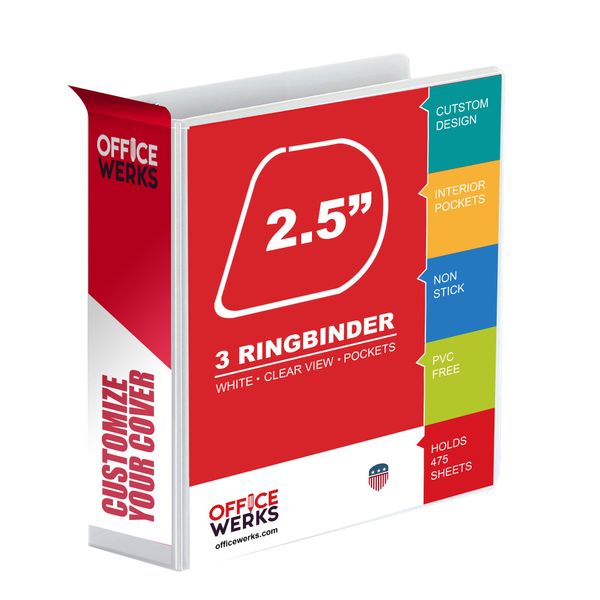 3 Ring Binder, 2.5" Professional Angle D-Rings, Presentation Folder for Standard Pages with Inside Pockets, Customizable Clear View White Binder (3.2" Spine)