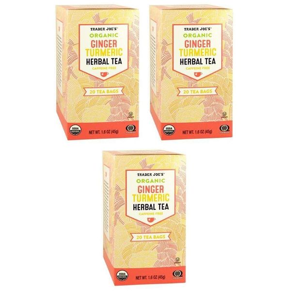 Trader Joes Organic Ginger Turmeric Herbal Tea 20 Tea Bags (One Pack)-set of 3